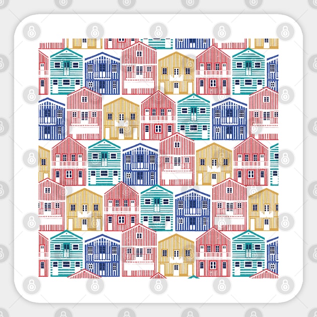 Colourful Portuguese houses // white background yellow red blue and teal Costa Nova inspired houses Sticker by SelmaCardoso